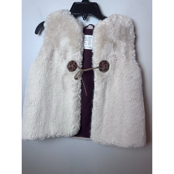 Zara Outerwear Collection Vest Ivory Faux Fur Tie Front Check Lining 3/4 yrs - Picture 5 of 10